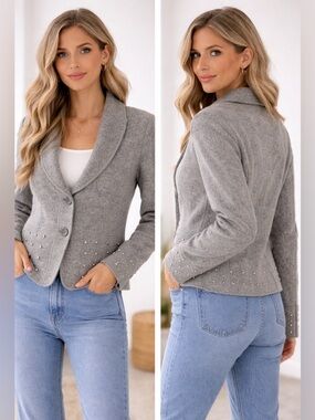 Clothes by Revue 100% Wool Gray Studded Cardigan Jacket Size S